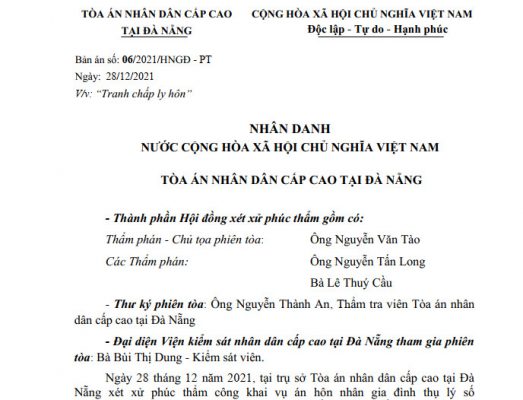 Bản án ly hôn số 06/2021/HNGĐ-PT của Tòa án nhân dân cấp cao tại Đà Nẵng